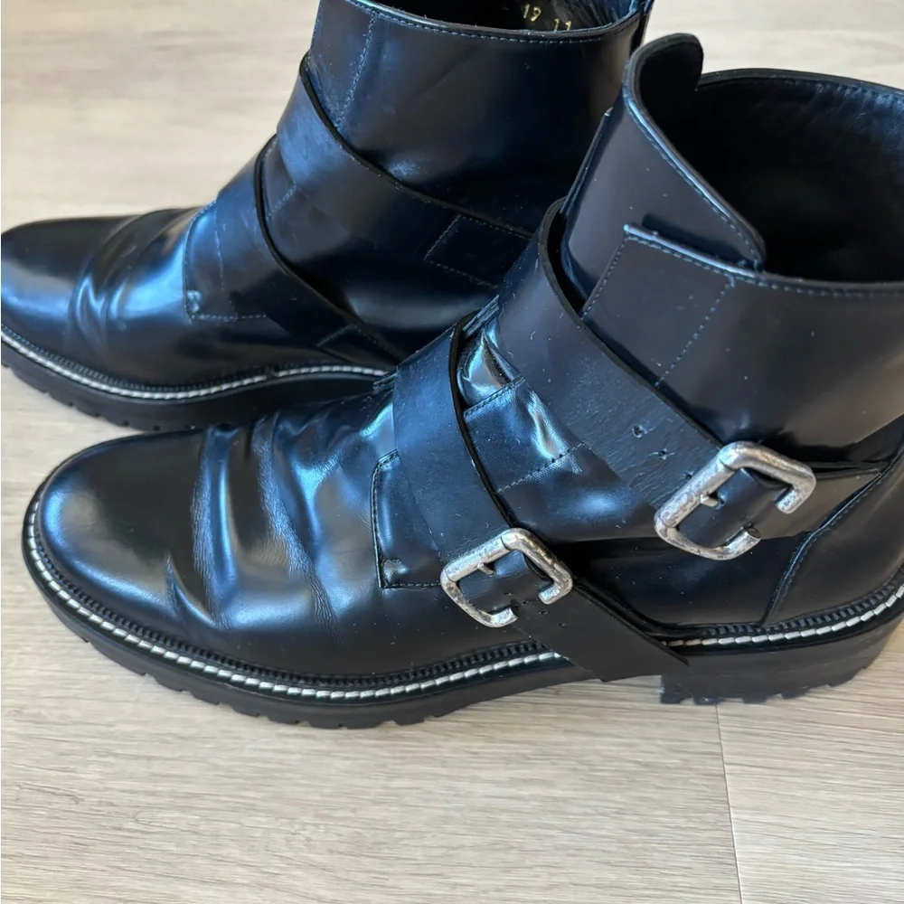 Freda Salvador “Athena” Black Leather Buckle Ankle Boots